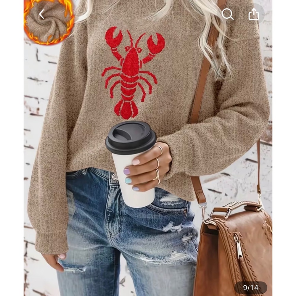 Boutique Lobster Graphic Knit Sweater Women One Size Tan New Coastal Oversized